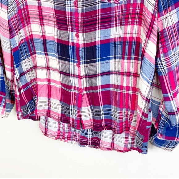 Noir Red Blue Plaid 3/4 Sleeve Button-Down Shirt - Picture 3 of 7